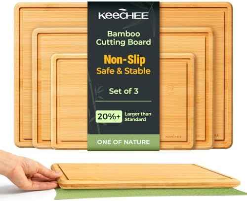 Keechee Cutting Board with Non-slip Mat, Bamboo Cutting Board for Kitchen Meal Prep & Serving - Wood Serving Board Set with Deep Juice Groove Ideal Kitchen Gifts
