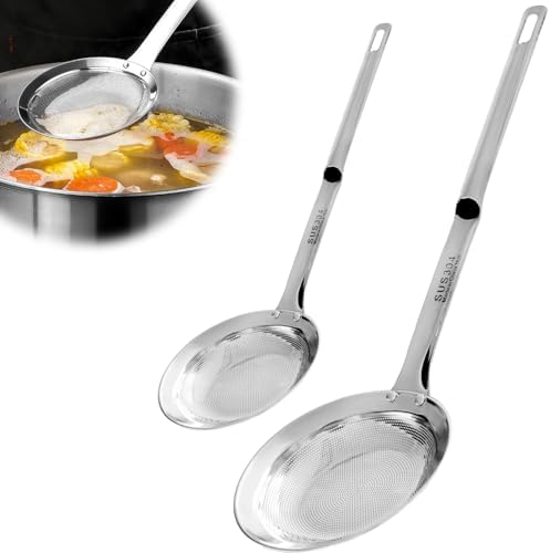 2PCS Stainless Steel Fine Mesh Skimmer, Fat Skimmer Spoon, 2 Sizes