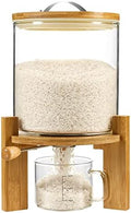 Rice Dispenser, Rice Storage Container：Flour and Cereal Container with Airtight Lid and Wooden Stand, Glass Food Storge Container for Kitchen Organization and Pantry Store (5L)