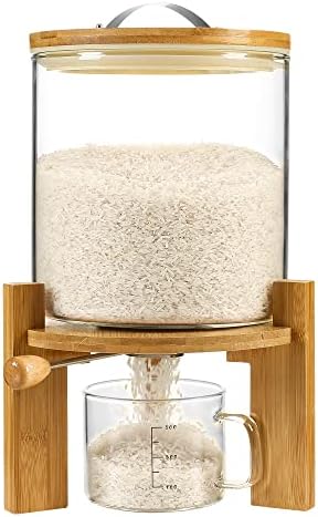 Rice Dispenser, Rice Storage Container：Flour and Cereal Container with Airtight Lid and Wooden Stand, Glass Food Storge Container for Kitchen Organization and Pantry Store (5L)