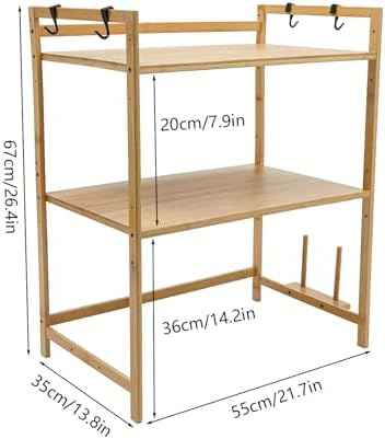2-Tier Bamboo Microwave Shelf with 4 Hooks