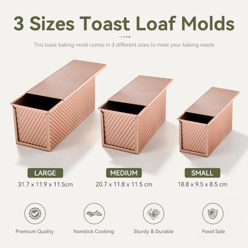 3 Sizes Bread Loaf Pan with Lid Set, Nonstick Pullman Pan (Rose Gold)