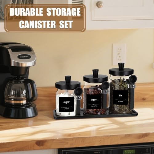 Suclain 3 Pcs Glass Coffee Container Set, 13.5,20,25 oz, Black Bamboo
