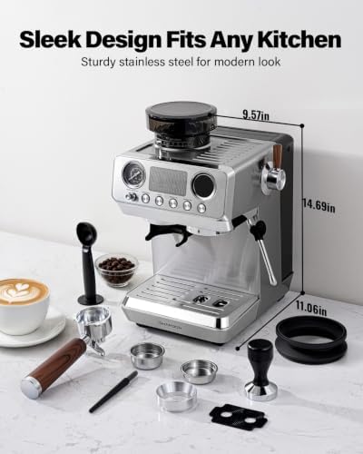 SHARDOR 20 Bar Espresso Machine with Built-In Grinder, Stainless Steel