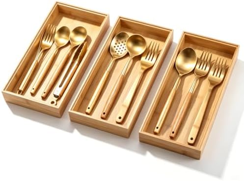 3 Pcs 15x6 Inch Bamboo Drawer Organizer Stackable Utensil Tray For