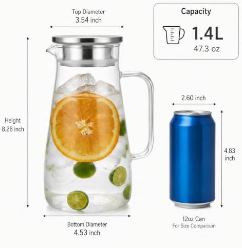 Borosilicate Glass Water Pitcher with Stainless Steel Lid 1.4L/47oz