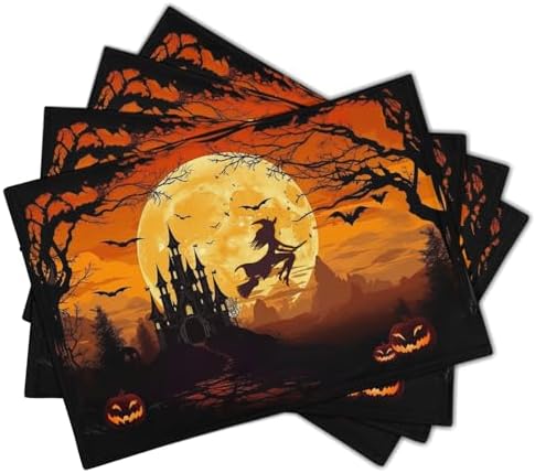 Halloween Witch Placemats Set of 6 18x12 Inch Bat Castle Pumpkin Linen