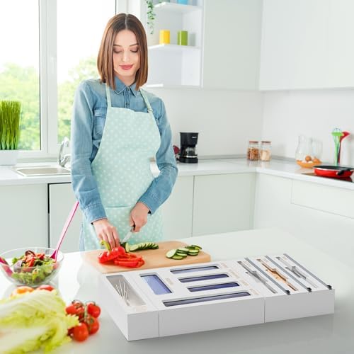 DALSHABET 9 IN1 Bamboo Storage Bag Drawer Organizer with Cutter, Foil and Plastic Wrap Dispenser for Kitchen Storage Compatible with All Brands Gallon, Quart, Sandwich & Snack Size Bags - White