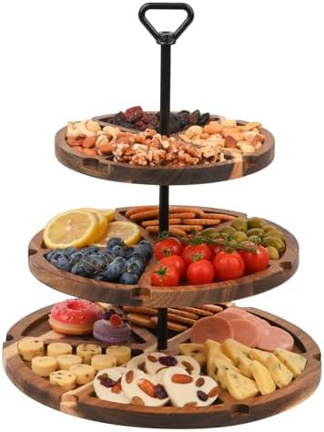Elegant Charcuterie Boards Three Tiered Acacia Cheese Board and Cupcake Stand with 360° Easy-to-Spin Trays, Perfect for Gatherings, Housewarming Gifts, Celebrations, and Daily Usage. (30x25x20 cm)