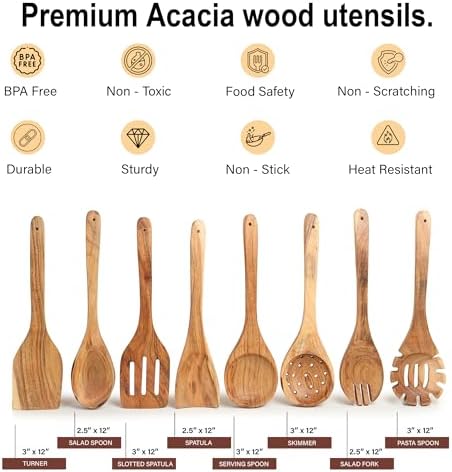 Acacia wood cooking utensils set of 8, 12 inch long wooden spatula set