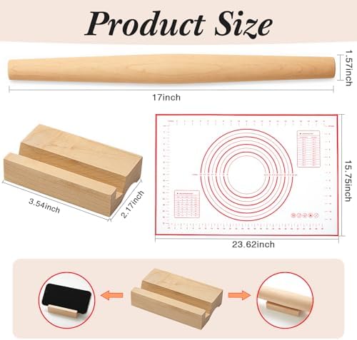 FoldTier Maple French Rolling Pin Set with Silicone Mat and Wood Base