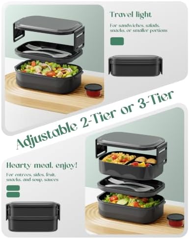 Bento Lunch Box, 65 oz 3-Tier Stackable Lunch Container, Adjustable