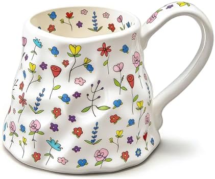 20 oz Large Coffee Mug, Cute Floral Ceramic Mug with Big Handle, White