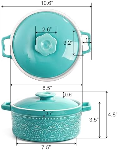 Elsjoy 2 Quart Round Ceramic Casserole Dish with Lid, 7.5 Inch Covered