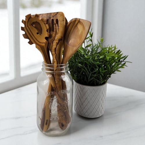 100% Olive Wood Handmade 6 Spoon Set - Wooden Kitchen Utensils
