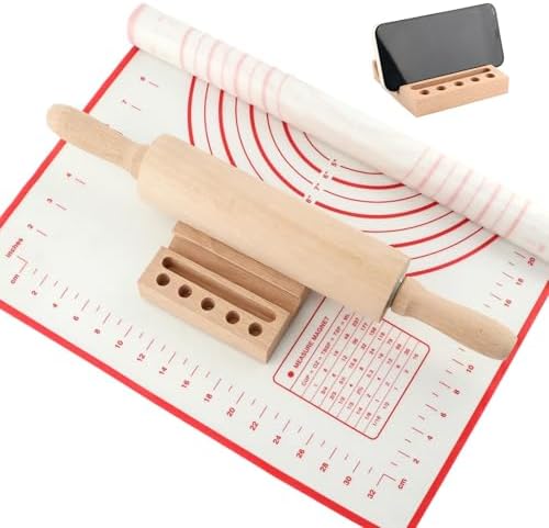 Wood Rolling Pin with Silicone Baking Mat and Wooden Base