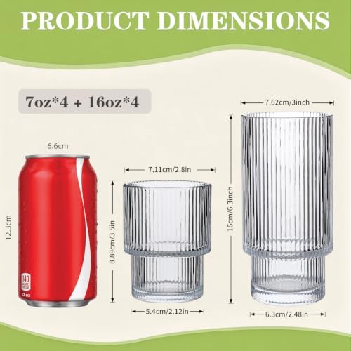 Ribbed Drinking Glasses Set of 4, Stackable Glass Cups with 2 Tall