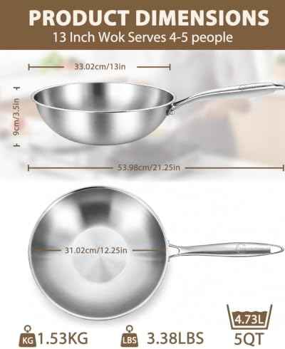 13-Inch Tri-Ply Stainless Steel Wok Pan with Lid | Detachable handle