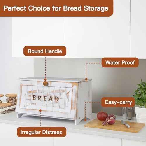 DAOYOUSKY Bamboo Bread Box for Kitchen Countertop, White Vintage Wooden Counter Breadbox, Single Layer Rustic Wood Large Capacity Bread Storage Container Bin