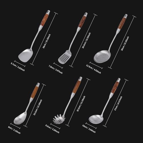 VALESKA Kitchen Utensils Set with Wood Handle, 6 Pieces Stainless