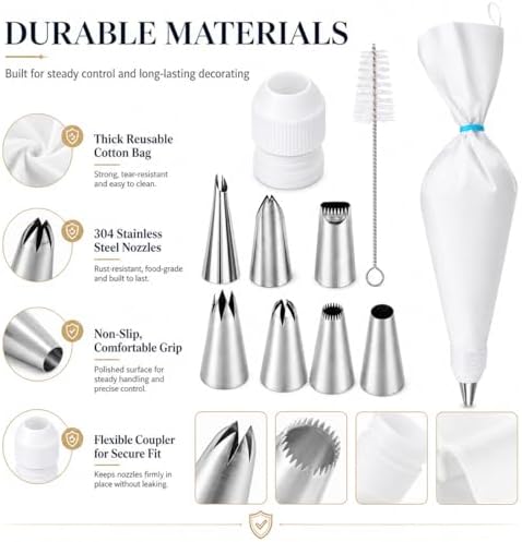 10-Piece Reusable Piping Bags and Tips Set-Cotton Baking Kit with