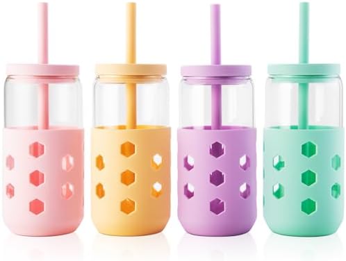 Mrsdry 16 oz Glass Cups with Lids and Straws for Gift, 4-Pack, Mint