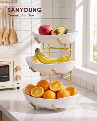 3 Tier Ceramic Fruit Bowl for Kitchen Counter, Fruit Basket with Stand