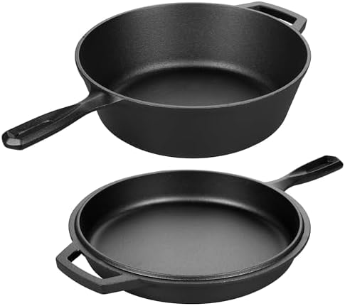 VORRINGARD Pre-seasoned Cast Iron Double Dutch Oven Pot with Skillet Lid, for Bread Baking, Outdoor, Campfire Cooking, 3 Quart