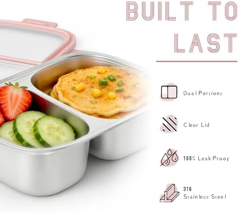 2 Pack 316 Stainless Steel Bento Box, 2-Compartment Microwave-Safe