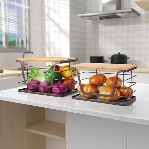 ALOCEO 2 Pack Stackable Wire Storage Basket with Bamboo Lid, Trash Bag