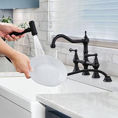 WOWOW Brass Bridge Kitchen Faucet with Side Sprayer, Matte Black
