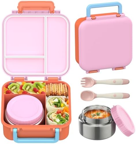 Bento Lunch Box for Kids with 9oz Thermo, Leak-proof Containers with 3