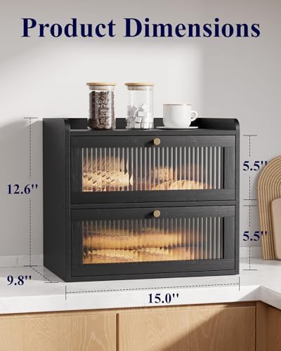 Kitsure Wooden Bread Box for Kitchen Countertop, Large Capacity, Black