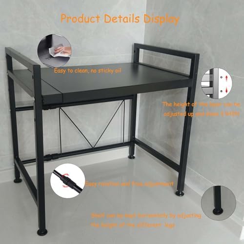 Microwave Oven Rack, Adjustable Shelf with 6 Hooks