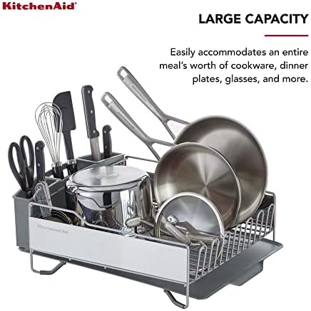 KitchenAid Large Capacity Full Size Rust Resistant Dish Rack with Angled Drain Board and Removable Flatware Caddy, Light Grey