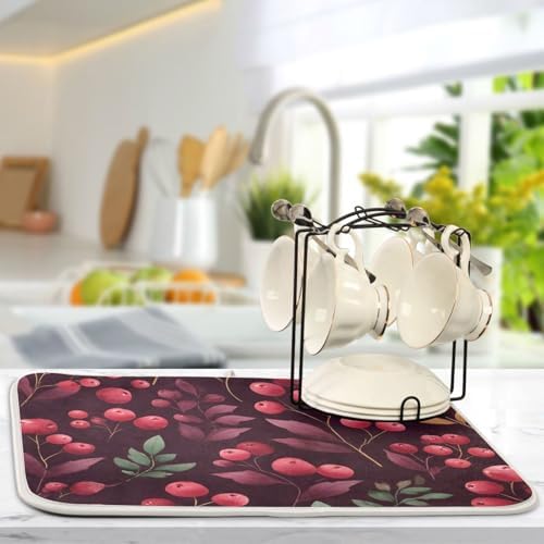 OTVEE Festive Berry Art Dish Drying Mat for Kitchen Counter Absorbent