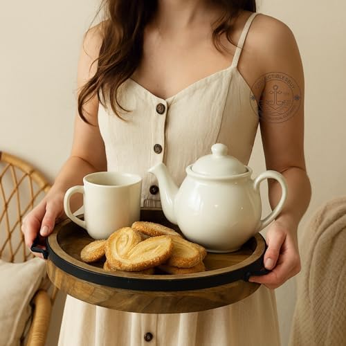 12 Inch Round Wooden Serving Tray with Metal Handles Rustic Natural