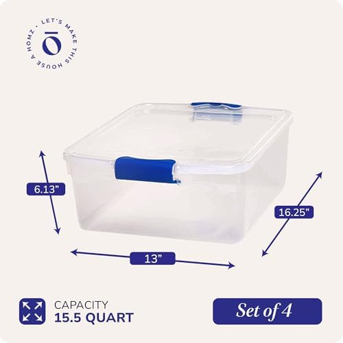 HOMZ 15.5 Qt Clear Plastic Storage Bins with Lids, 4 Pack