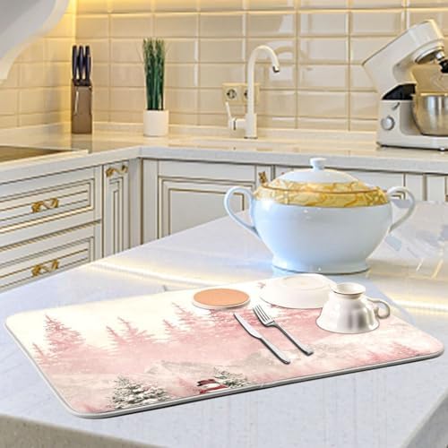 OTVEE Snowman in Pink Forest Dish Drying Mat for Kitchen Counter