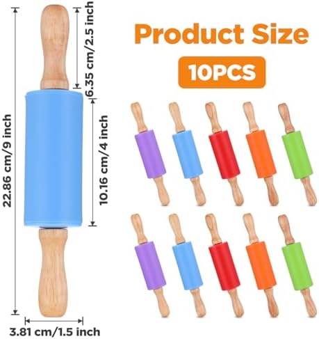 10 Pcs 9 Inch Mini Rolling Pin for Kids, Silicone Wooden Non-Stick