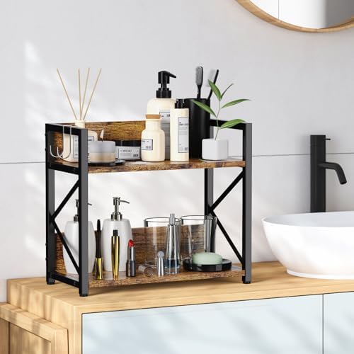 RUILALIFE 2 Tier Counter Shelf Organizer, Medium, Rustic Brown