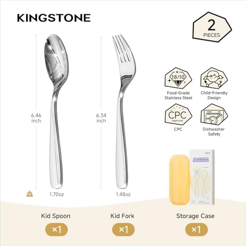 KINGSTONE 2-Piece Large Kids Utensils Set with Case, 18/10 Stainless