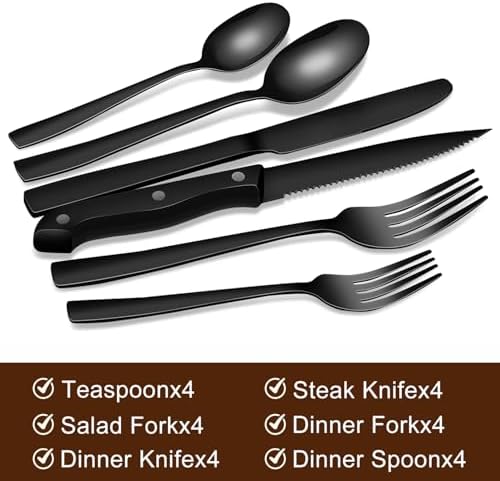 24-Piece Black Silverware Set for 4, Stainless Steel Flatware Set with