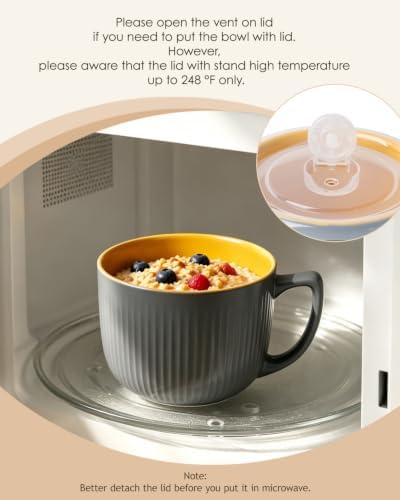 Ceramic Soup Bowl with Handle 32oz – Microwave Ramen Bowl with Lid