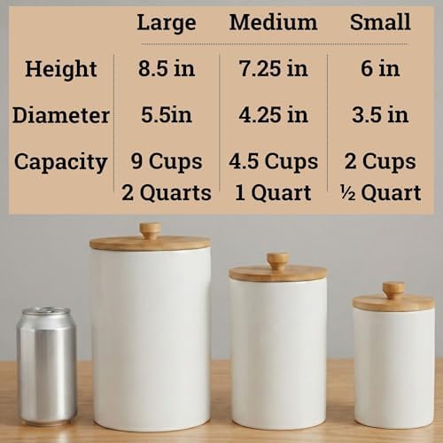 Ceramic Kitchen Canisters for Countertop Set of 3 w/ Airtight Bamboo