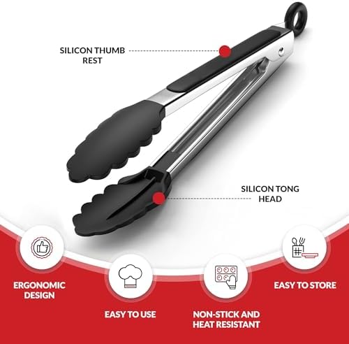 Boxiki Kitchen Silicone-Tip Tongs, Stainless Steel, Set of 2