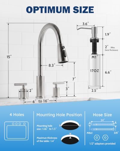 WOWOW 2 Handle Kitchen Faucet with Sprayer and Soap Dispenser