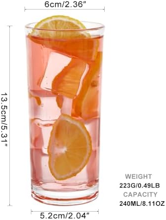Highball Glasses Set of 12-8oz Tall Water Glasses for Mojito, Whiskey