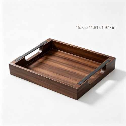 Acacia Wood Serving Tray with Metal Handle, 17X13In Tray for Ottoman