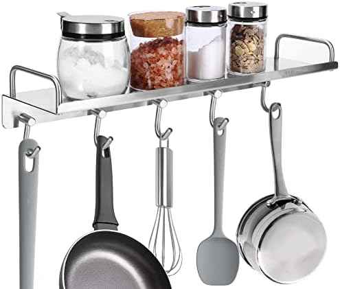 Spice Holder Rack, Coffee Mugs Storager Rack for Glass Jars Bottles, 304 Stainless Steel Shelf, Heavy Duty Kitchen Organizer Wall Mounted, Pots Pans Hanger Holder, 16 Inch With 5 Hooks (Silver)